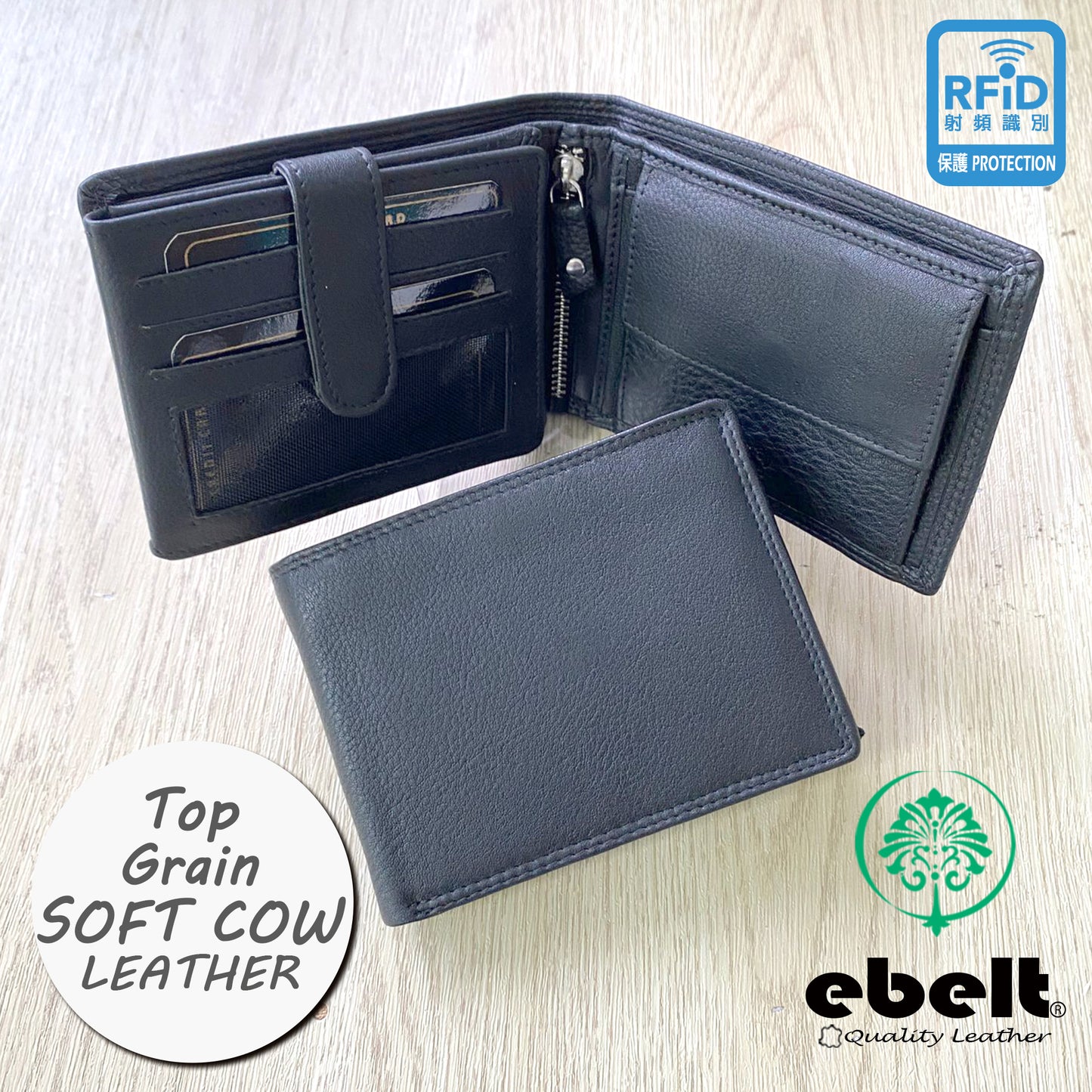 【香港品牌 ebelt】 RFID 頭層牛皮真皮銀包（加大容量）TOP GRAIN COW LEATHER WALLET - WM 166